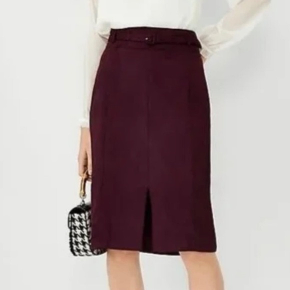 ANN TAYLOR Plum Wine Faux Suede Belted Pencil Skirt - Picture 2 of 8